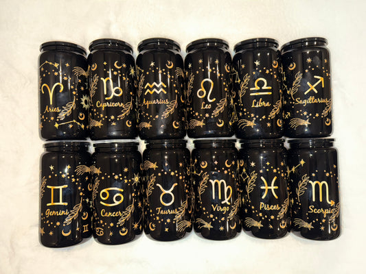 16oz Black Colored Glass Zodiac Sign Cups